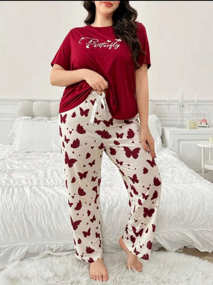 Butterfly Printed Pajama Set (Mehroon)